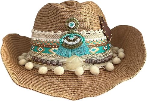 Boho Beach Straw Sun Hat, Natural Brown with Turquoise Tribal Band, Pom Pom Trim, Decorative Beading in Saudi Arabia
