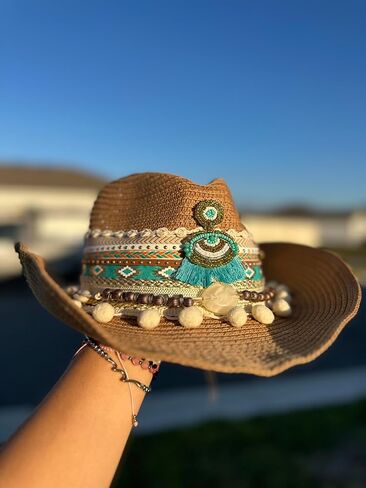 Boho Beach Straw Sun Hat, Natural Brown with Turquoise Tribal Band, Pom Pom Trim, Decorative Beading in Saudi Arabia