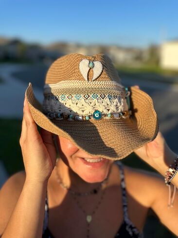 Boho Beach Straw Sun Hat, Natural Brown with Turquoise Tribal Band, Pom Pom Trim, Decorative Beading in Saudi Arabia