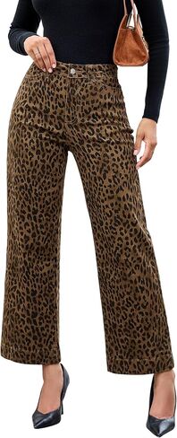 luvamia Wide Leg Jeans Woman Trendy High Waisted Leopard Cheetah Print Ankle Length Stretchy Denim Pants with Pockets in Saudi Arabia