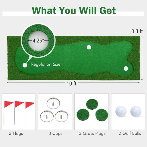 Tangkula 10 FT Golf Putting Green، بساط تدريب جولف احترافي كبير مع عشب صناعي واقعي، 3 فتحات، 3 أعلام وأكواب لممارسة اللعب في الأماكن المغلقة والخارجية in Saudi Arabia