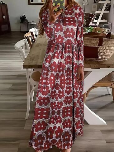 Women's Floral Maxi Dress 2025 Fall Long Sleeve Crew Neck Casual A Line Long Flowy Boho Party Dresses in Saudi Arabia
