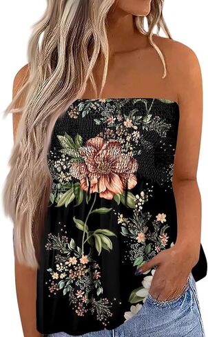 Womens Strapless Bandeau Tank Tops Tube Tops Floral Tanks Smocked Ruffled Backless Casual Bandeau Sleeveless Shirts in Saudi Arabia