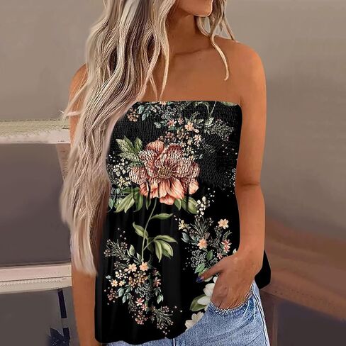 Womens Strapless Bandeau Tank Tops Tube Tops Floral Tanks Smocked Ruffled Backless Casual Bandeau Sleeveless Shirts in Saudi Arabia