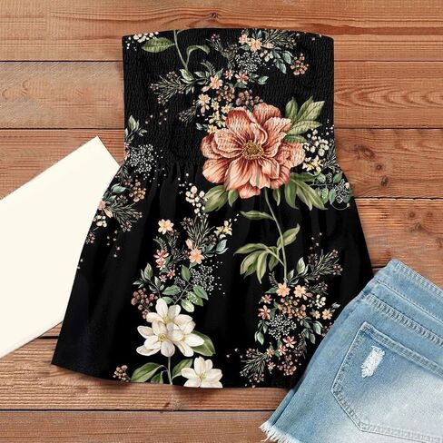 Womens Strapless Bandeau Tank Tops Tube Tops Floral Tanks Smocked Ruffled Backless Casual Bandeau Sleeveless Shirts in Saudi Arabia