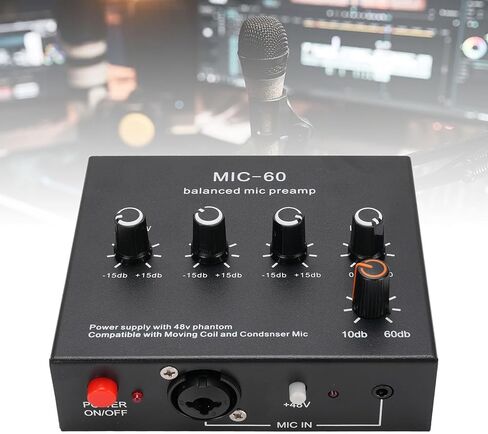 Microphone Preamp Mic Gain Booster 48V Power Supply Mic Pre Amp for Dynamic Condenser XLR 3.5mm 6.35mm Inputs Outputs (with XLR Cable) in Saudi Arabia