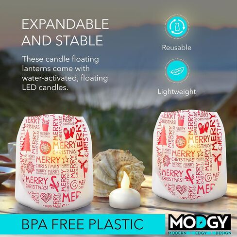 MODGY Luminary Lanterns, Christmas Candle Holders with Flameless Floating LED Candles, Indoor Outdoor Decor for Holiday Parties, Home, Windows, and Mantels, Table Centerpiece, 4-Pack, Snow Day in Saudi Arabia