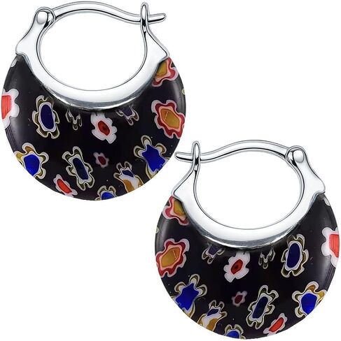 Colorful Murano Style Millefiori Glass Hoop Earrings for Women Trendy – Floral Statement Hoops, Stainless Steel Flower Jewelry, 11.6g in Saudi Arabia