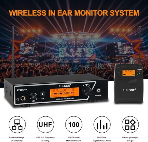 نظام مراقبة الأذن، UHF Mono IEM لاسلكي مع جهاز إرسال معدني على حامل، 4 أجهزة استقبال للجسم وسماعات مراقبة داخل الأذن، 100 تردد، نطاق 262 قدمًا للموسيقيين والمغنيين والمسرح in Kuwait