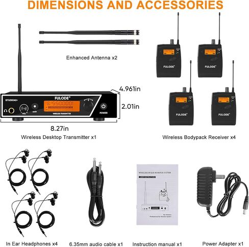 نظام مراقبة الأذن، UHF Mono IEM لاسلكي مع جهاز إرسال معدني على حامل، 4 أجهزة استقبال للجسم وسماعات مراقبة داخل الأذن، 100 تردد، نطاق 262 قدمًا للموسيقيين والمغنيين والمسرح in Kuwait