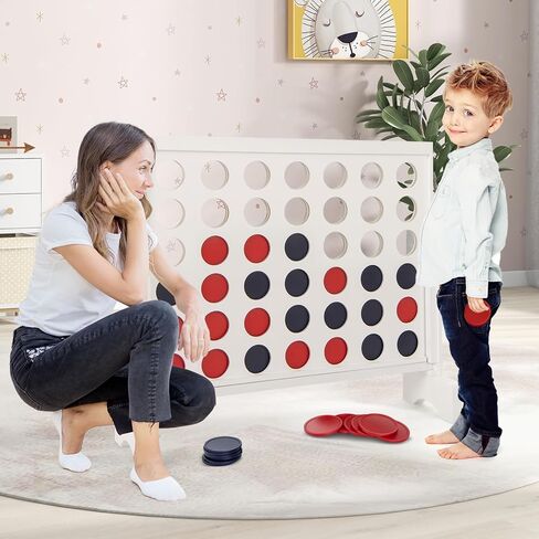 Costzon Giant 4-in-a-Row Game Set, Wooden Jumbo 4-to-Score Game with 42 PCS Chips & 600D Oxford Fabric Carrying Bag, Indoor Outdoor Line-up-4 Game for Kids & Adults, Ideal for Camping (White) in Saudi Arabia