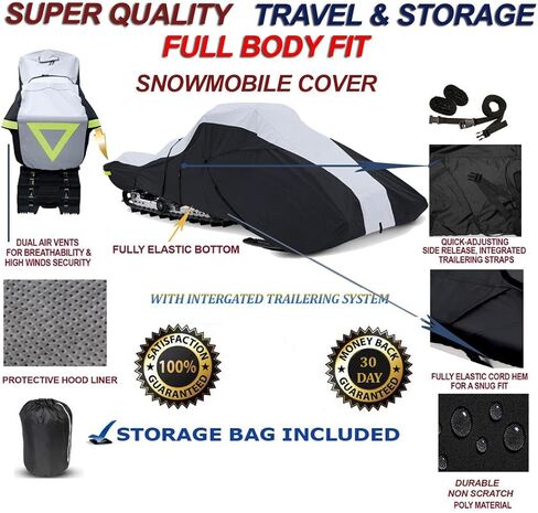 SBU Full Fitment Snowmobile Cover Compatible for The Polaris Indy Trail RMKmodel Years 1988-1990. 600 Denier Black and Gray, trailerable. in Kuwait