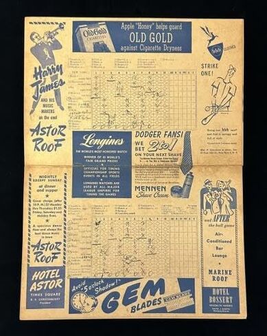 1945 Brooklyn Dodgers Baseball Program vs New York Giants - scored - loose cover - NFL Programs in Saudi Arabia