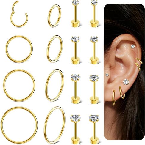 8 Pairs Hypoallergenic Stud Hoop Earrings Set for Women men-Silver 14K Gold Surgical Steel Seamless Earrings,Dainty Small Flat Back earrings for Cartilage Helix Tragus Multiple Piercing Jewelry in Saudi Arabia