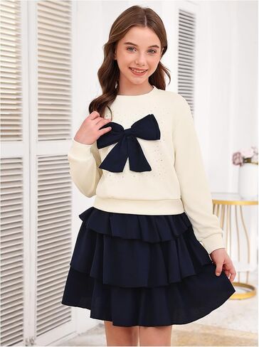 Oyoangle Girl's Cute 2 قطعة ملابس طويلة الأكمام قوس وبلوزات ومجموعات تنورة قصيرة الكشكش الطبقات in Saudi Arabia