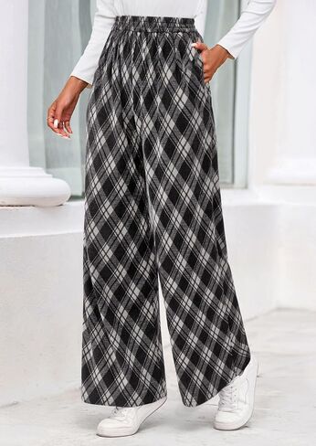 PRETTYGARDEN Casual Women's Pants 2025 Elastic Waist Palazzo Long Stretchy Wide Leg Trousers Knit Fall Outfits with Pockets in Saudi Arabia