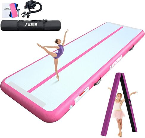 AWSUM 6.6ft/10ft Gymnastics Mat with Balance Beam, 4" Thick Inflatable Tumbling Mat Track & Foldable Anti-Slip Beam, Gym Equipment for Kids, with Electric Pump in Saudi Arabia