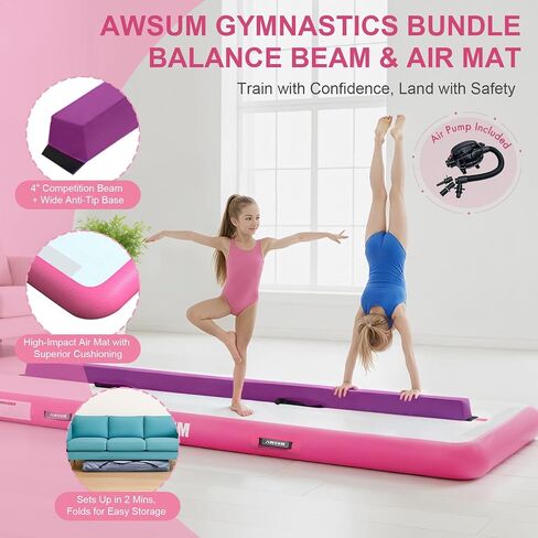 AWSUM 6.6ft/10ft Gymnastics Mat with Balance Beam, 4" Thick Inflatable Tumbling Mat Track & Foldable Anti-Slip Beam, Gym Equipment for Kids, with Electric Pump in Saudi Arabia