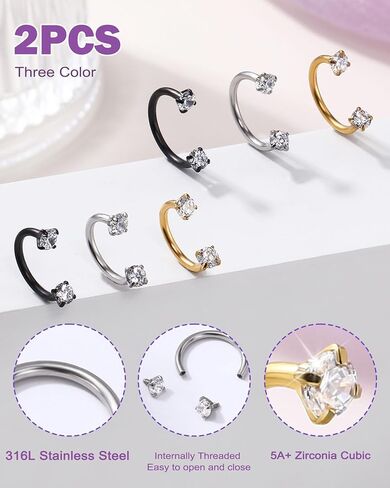 اليهودي 2PCS حدوة الحصان الشفاه الدائري 16G 316L الجراحية الصلب الشفاه ثقب المجوهرات مزدوجة مكعب زركونيا حدوة الحصان القرط داخليا الخيوط اللولب / دايث / الزنمة / الحاجز ثقب المجوهرات للنساء in Saudi Arabia