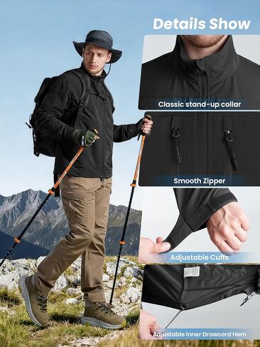 Men's Lightweight Waterproof Jacket,Tactical Rain Zip Up Softshell Jacket Windbreaker Casual for Hiking Travel Golf in Kuwait
