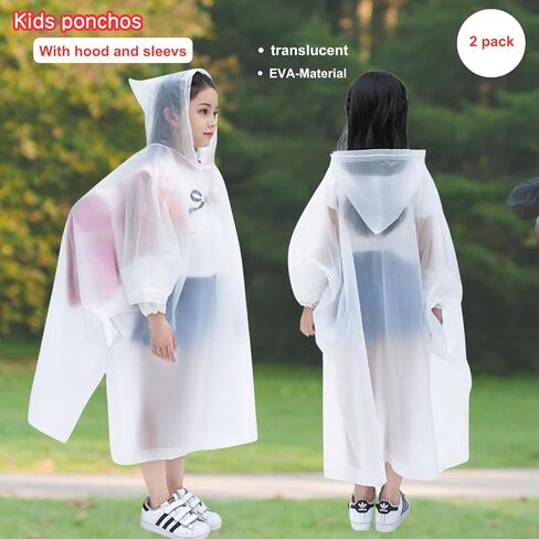 DZTSMART Rain Ponchos with sleeves for Kids, with Hood,2 Packs,Waterproof raincoat for 6-14 Girls Boys,Must haves for park in Saudi Arabia