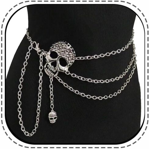 Skull Waist Chain Belt - Punk Gothic Crossover Body Belly Chains Tassel for Women Girl (Silver) in Saudi Arabia