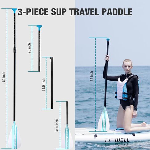 مجداف UPWELL SUP قابل للتعديل للوقوف على لوح التجديف، عمود من سبائك الألومنيوم مكون من 3 قطع مع شفرة من الألياف الزجاجية المقواة in Kuwait