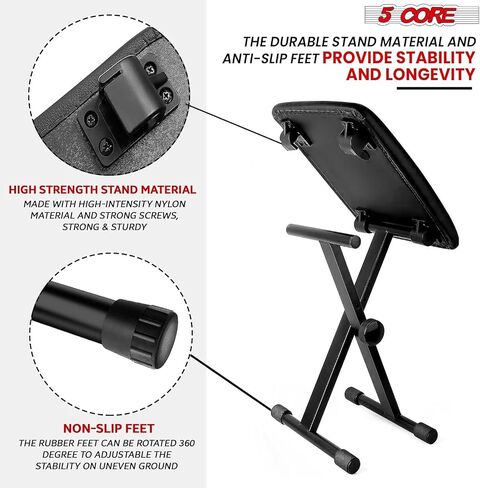 5Core Keyboard Stand Single X Style Piano Riser Adjustable Holder + Keyboard Stool Thick Padded Piano Bench - KS 1X WH+KBB 02 WH in Saudi Arabia