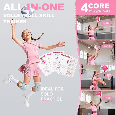Volleyball Training Equipment (No Ball Included): 6-Piece Pink Solo Volleyball Trainer Set with Training Cards for Serving, Spiking, Setting & Hitting – Gift for Teen Girls and Beginner Player in Saudi Arabia