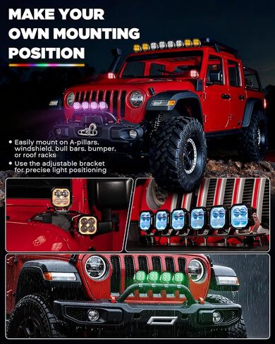 Auxbeam RGB Color Changing 3" LED Pods 116W Off-Road Lights 7+1 RGBW Ambient Backlight Gradient Cycle Accent Lighting, Spot Flood Combo, Amber White Lens Covers, Color Play Series in Saudi Arabia