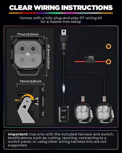 Auxbeam RGB Color Changing 3" LED Pods 116W Off-Road Lights 7+1 RGBW Ambient Backlight Gradient Cycle Accent Lighting, Spot Flood Combo, Amber White Lens Covers, Color Play Series in Saudi Arabia