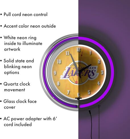 Trademark Global Neon Clock - Retro Los Angeles Lakers City Analog Wall Clock with Pull Chain - for Kitchen, Garage, Game Room, or Home Bar in Saudi Arabia
