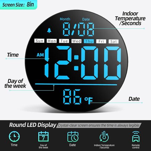 8in Round Digital Wall Clock, RGB Color Display, Auto DST, Temperature, Alarm Clocks for Living Room, Bedroom, Office, Classroom, Gym Countdown Timer in Saudi Arabia