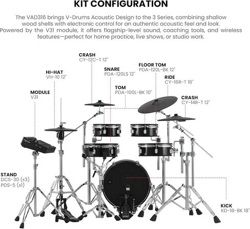 Roland VAD716-GC V-Drums Acoustic Design Electronic Drum Set - Gloss Cherry Bundle with Audio Cable, Drumsticks, Drumstick Bag, and Austin Bazaar Polishing Cloth in Saudi Arabia
