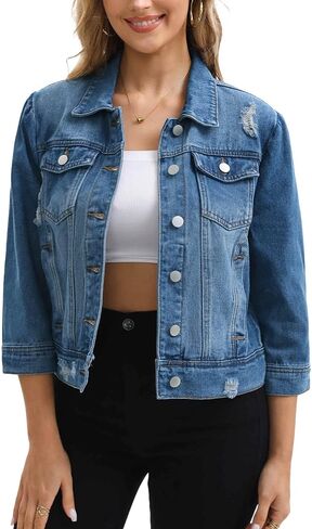 Womens Denim Jacket 3/4 Sleeve Button Down Washed Distressed Cropped Jean Jackets in Saudi Arabia