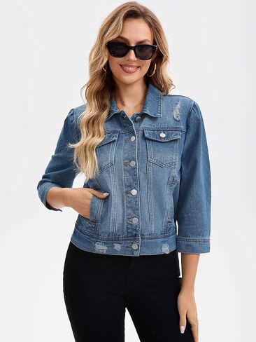Womens Denim Jacket 3/4 Sleeve Button Down Washed Distressed Cropped Jean Jackets in Saudi Arabia