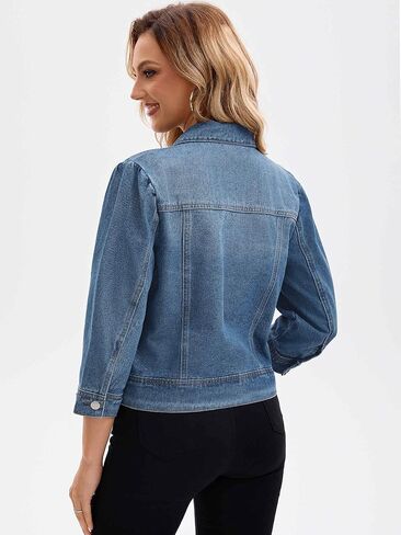 Womens Denim Jacket 3/4 Sleeve Button Down Washed Distressed Cropped Jean Jackets in Saudi Arabia