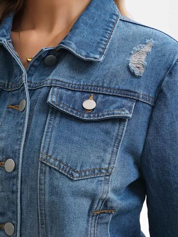 Womens Denim Jacket 3/4 Sleeve Button Down Washed Distressed Cropped Jean Jackets in Saudi Arabia