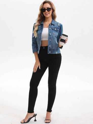 Womens Denim Jacket 3/4 Sleeve Button Down Washed Distressed Cropped Jean Jackets in Saudi Arabia