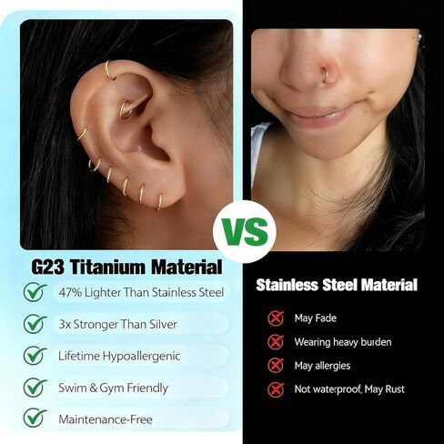 3pc BeutiLakoko Nose Hoop Hypoallergenic Titanium Nose Rings for Women Men Septum Jewelry Hinged Cartilage Earrings for Nostril Helix rook Tragus ear Daith Conch Lip Rings Ear Lobe piercing Gold/Silver 20G/18G in Kuwait