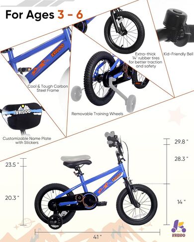 KRIDDO 14-16 Inch Kids Bike for Ages 3–8, Boys and Girls Bicycle with Removable Training Wheels, Bicycle for Kids with Hand Brake & Coaster Brake, Adjustable Height, DIY Name Plate in Saudi Arabia