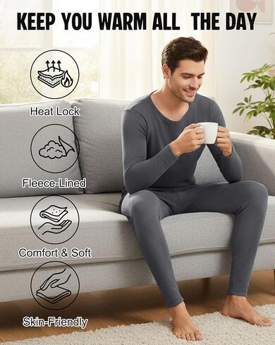 Patelai 2 Pack Thermal Underwear for Men Fleece Lined Long Underwear Winter Base Layer Set Cold Weather Top Bottom in Saudi Arabia
