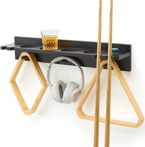 Pool Stick Holder Wall Mount, 4 Billiard Cue Rack & Pool Accessories Shelf with 4 Drink Holders for Game Room & Bar, 100% Bamboo, Black, 5.1 x 23.2 x 4.3 Inches in Saudi Arabia