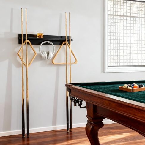 Pool Stick Holder Wall Mount, 4 Billiard Cue Rack & Pool Accessories Shelf with 4 Drink Holders for Game Room & Bar, 100% Bamboo, Black, 5.1 x 23.2 x 4.3 Inches in Saudi Arabia