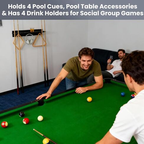 Pool Stick Holder Wall Mount, 4 Billiard Cue Rack & Pool Accessories Shelf with 4 Drink Holders for Game Room & Bar, 100% Bamboo, Black, 5.1 x 23.2 x 4.3 Inches in Saudi Arabia