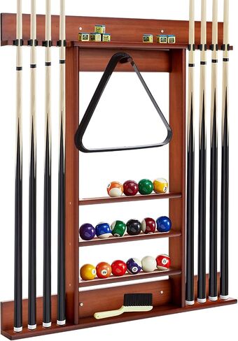 Goplus Pool Cue Rack, Wall Mounted Billiard Stick Holder, Made of Solid Pine Wood, Holds 8 Cues & Full Ball Set & 1 Ball Rack, Compact Billiards Accessories for Club, Bar (Brown) in Saudi Arabia
