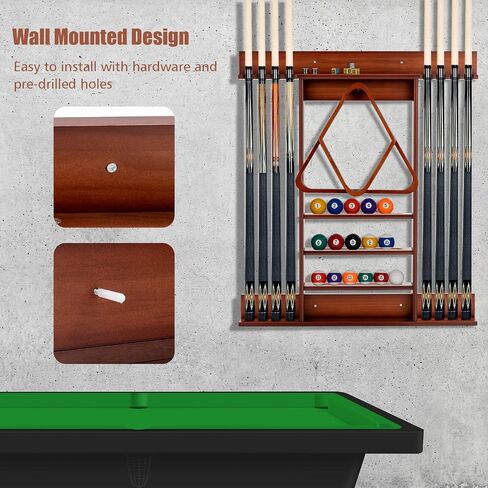 Goplus Pool Cue Rack, Wall Mounted Billiard Stick Holder, Made of Solid Pine Wood, Holds 8 Cues & Full Ball Set & 1 Ball Rack, Compact Billiards Accessories for Club, Bar (Brown) in Saudi Arabia