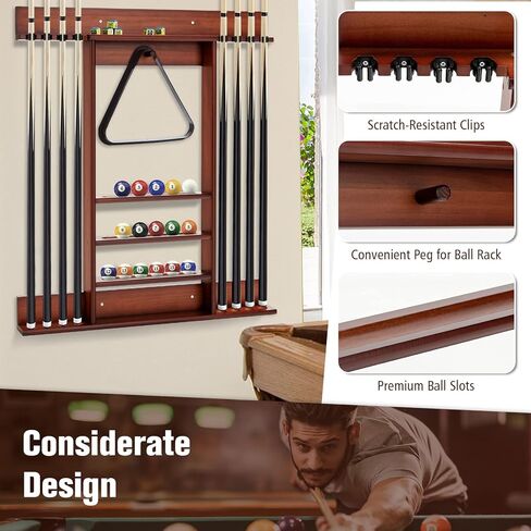 Goplus Pool Cue Rack, Wall Mounted Billiard Stick Holder, Made of Solid Pine Wood, Holds 8 Cues & Full Ball Set & 1 Ball Rack, Compact Billiards Accessories for Club, Bar (Brown) in Saudi Arabia