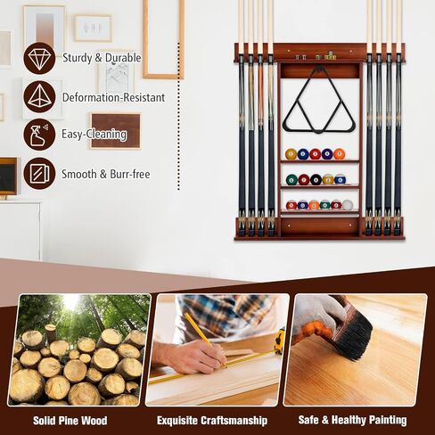 Goplus Pool Cue Rack, Wall Mounted Billiard Stick Holder, Made of Solid Pine Wood, Holds 8 Cues & Full Ball Set & 1 Ball Rack, Compact Billiards Accessories for Club, Bar (Brown) in Saudi Arabia
