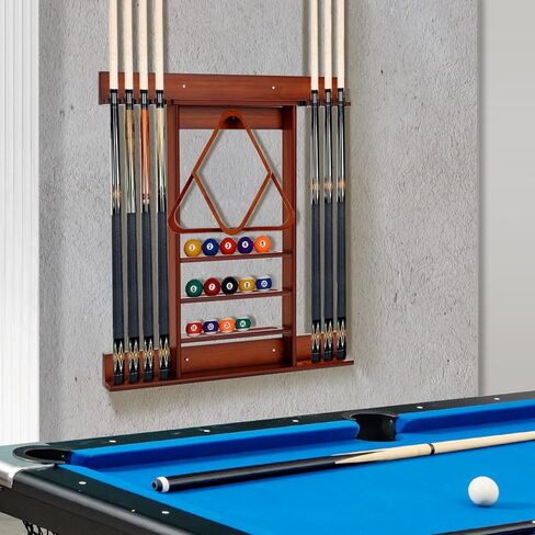 Goplus Pool Cue Rack, Wall Mounted Billiard Stick Holder, Made of Solid Pine Wood, Holds 8 Cues & Full Ball Set & 1 Ball Rack, Compact Billiards Accessories for Club, Bar (Brown) in Saudi Arabia